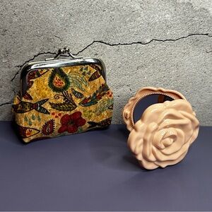 Vintage Inspired Coin Purse and Rose Design Compact Mirror